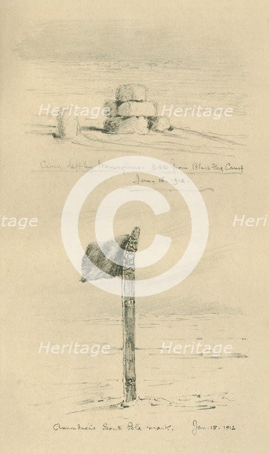 'Cairn Left By The Norwegians, and Amundsen's South Pole Mark', January 1912, (1913).  Artist: Edward Wilson.