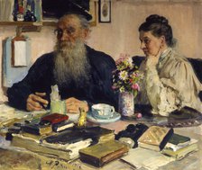 'The author Leo Tolstoy with his wife in Yasnaya Polyana', 1907.  Artist: Il'ya Repin