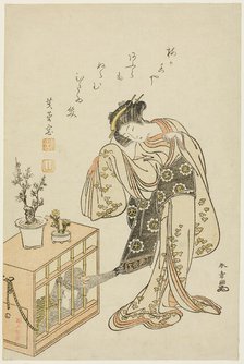 Young Woman with a Caged Monkey (Calendar Print for New Year 1776), Japan, 1776. Creator: Shunsho.