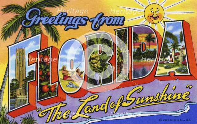 'Greetings from Florida, the Land of Sunshine', postcard, 1942. Artist: Unknown