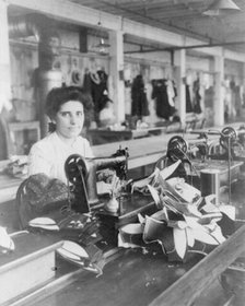 Massachusetts. Lynn. shoe factories, 1895?: a lining stitcher (woman) at work, (1895?). Creator: Frances Benjamin Johnston.