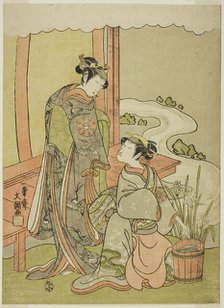 The Actors Nakamura Tomijuro I as Enju Disguised as the Shirbyoshi Gio (right), and..., c. 1770. Creator: Ippitsusai Buncho.
