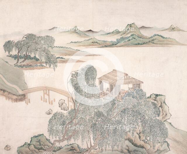 Pavilion by Willows and Bridge, c1810-1851. Creator: Zhou Lian.