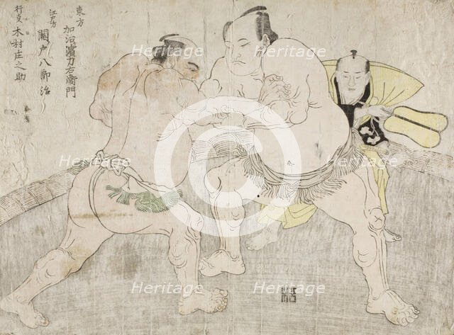Wrestlers Kajigahama Rikiemon and Sekinoto Hachiroji, with the Umpire Kimura Shonosuke, 1785. Creator: Shunsho.