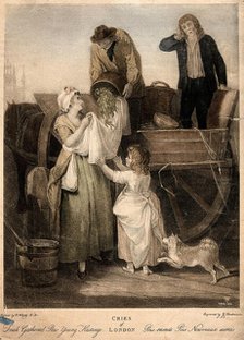 A young woman is holding up her apron to catch the peas which are being poured..., c1790s Creator: Francis Wheatley.