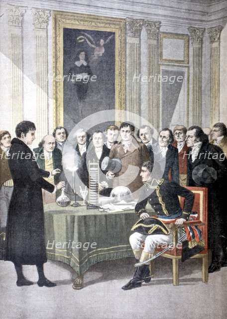 Alessandro Volta, demonstrating his pile (battery) to Napoleon, (c1800) 1901. Artist: Unknown