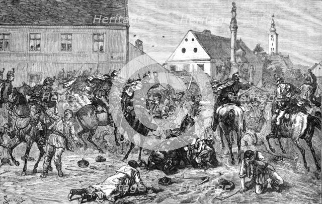 The Riots in Croatia: Hussars dispersing rioters at Agram, 1883. Creator: Unknown.