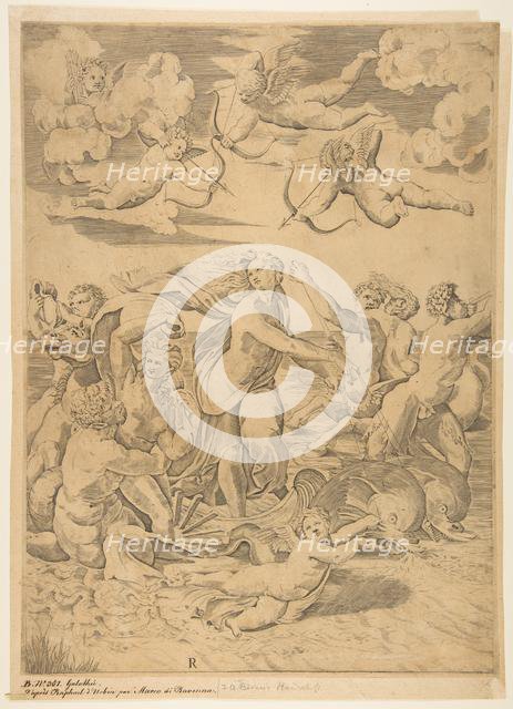 Galatea riding in a shell pulled through the water by dolphins, a cupid below and f..., ca. 1515-27. Creator: Marco Dente.