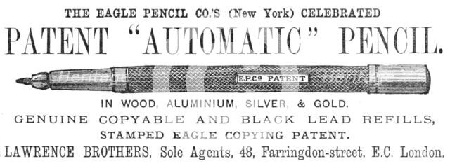 The Eagle Pencil Co.'s Celebrated Patent "Automatic" Pencil, 1883. Creator: Unknown.