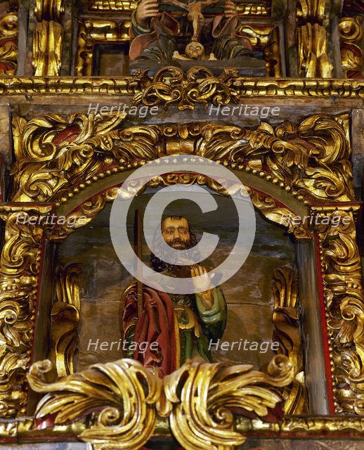 Altarpiece with detail of the apostle St Jude Thaddeus, Sanctuary, San Andres de..., Spain, 2000.  Creator: Miguel López de la Peña.
