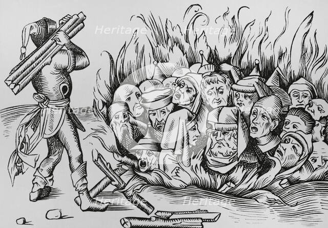The Jews of Cologne burnt alive on the night of 23-24 August 1349, (1493), (1878).  Creator: Unknown.