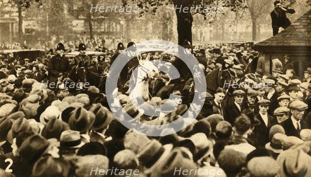Mounted police and marchers, Means Test protests, Hyde Park, London, 1932, (1933). Creator: Unknown.
