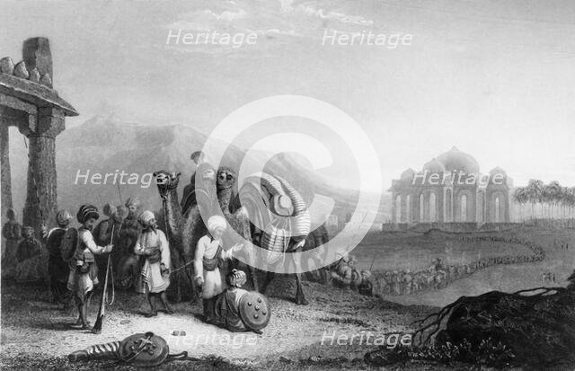 'Scene in Katteawar. - Travellers & Escort', 1845. Creator: Samuel Prout.