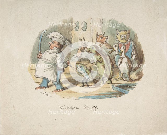 Kitchen Staff (recto); Mountainous Landscape with Hiker (verso), 1837-64. Creator: John Leech.