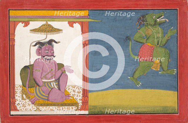 The Demon Hiranyaksha Departs the Demon Palace... from a Bhagavata Purana Series, ca. 1740. Creator: Unknown.