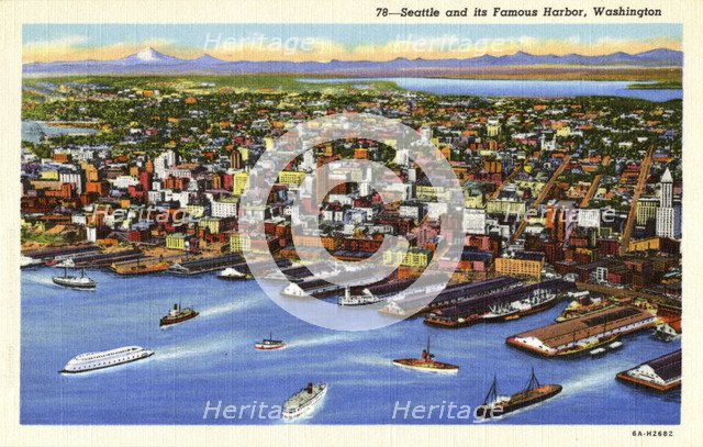 Seattle and its harbour, Washington, USA, 1936. Artist: Unknown