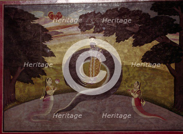 Krishna standing with subdued Kaliya Naag, his wives asking for mercy. Artist: Unknown.