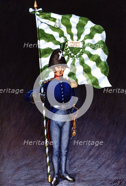 Flag bearer from the canton of Vaud, c. 1815. Color engraving from 1943, published by Editions Fr…
