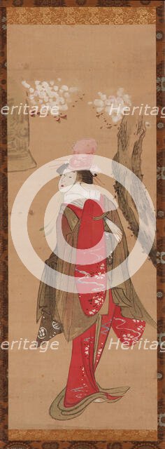 A dancer, Kiyohime, a cherry tree and the bell of Dojo-ji, late 18th-early 19th century. Creator: Hokusai.