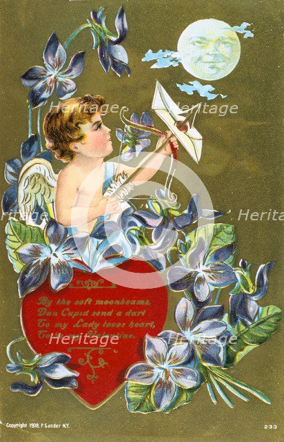 Cupid shooting an arrow carrying a love letter, American Valentine card, 1908. Artist: Anon