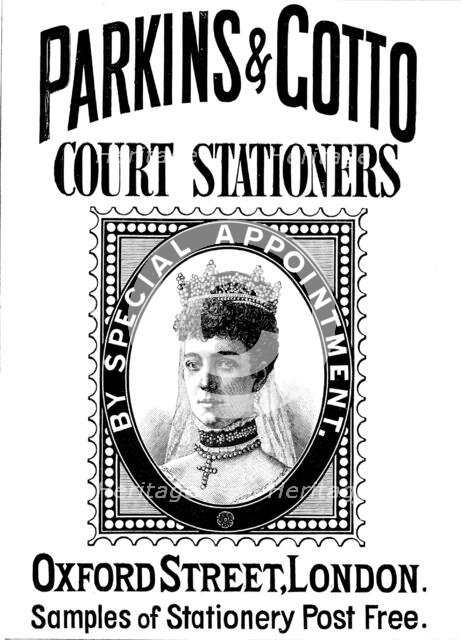 Advertisement for Parkins & Gotto, Court Stationers, 1890. Creator: Unknown.