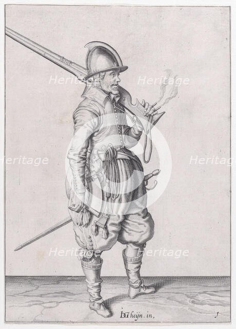 A soldier holding his caliver, from the Marksmen series, plate 1, in Waffenhandl..., published 1608. Creator: Robert Willemsz de Baudous.