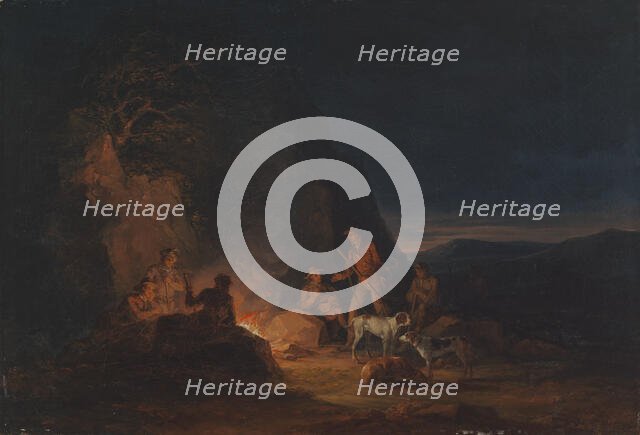 Hunters at a campfire, 1813. Creator: Alexander Lauréus.