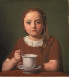 Portrait of a Little Girl, Elise Kobke, with a Cup in front of her, 1850. Creator: Constantin Hansen.