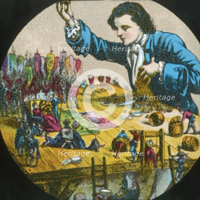 Gulliver with the Lilliputians, lantern slide, late 19th century.  Creator: Unknown.