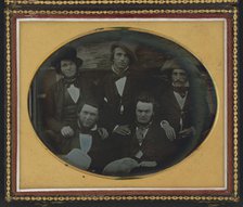 Five men posed at a fort or trading post, possibly at Scottsbluff, Nebraska..., ca. 1851-1852. Creator: Unknown.
