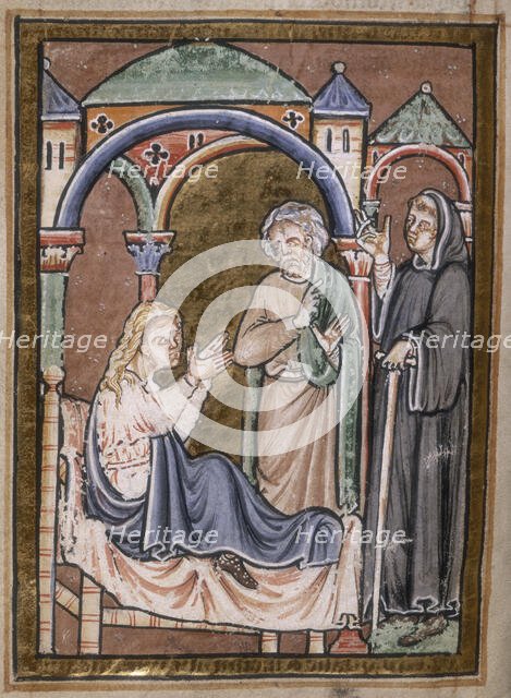 St Cuthbert drives out a devil from the wife of Hildemer, a prefect of King Ecgfrid, 1200.  Creator: Unknown.