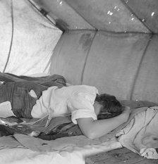 Inside a pea picker's tent in the middle of the morning, no work, Santa Clara County, CA, 1939. Creator: Dorothea Lange.