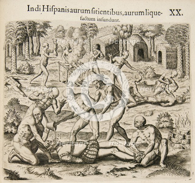 Because the Spanish thirst for gold, the Indians pour liquid gold into them. (From: Americae pars qv Artist: Bry, Theodor de (1528-1598)