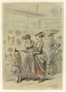 Two Ladies and Little Girl Before Hairdresser's Shop, n.d. Creator: Hablot Knight Browne.
