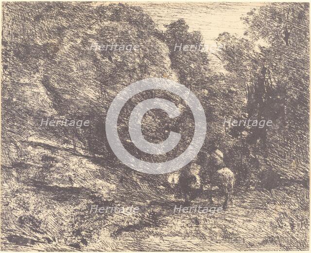 Horseman and Vagabond in the Forest (Le Cavalier en forêt et le piéton), 1854. Creator: Jean-Baptiste-Camille Corot.