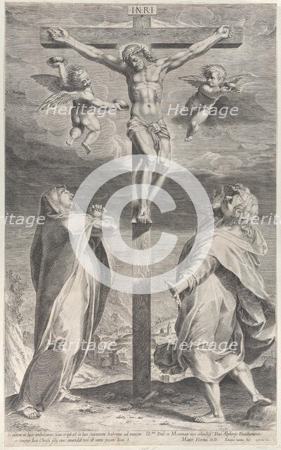 Crucifixion with the Virgin Mary and Saint John the Evangelist, angels overhead, ca. 1593., ca. 1593 Creator: Gijsbert Van Veen.