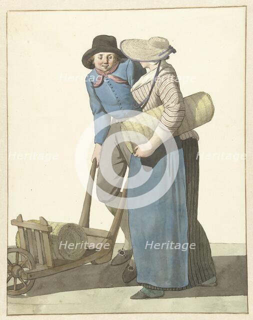 Woman next to a man with a wheelbarrow, 1700-1800. Creator: W. Barthautz.