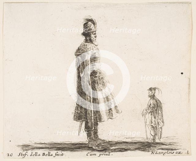 Plate 20: an old Polish nobleman wearing a plumed hat in center, standing in profil..., ca. 1644-47. Creator: Stefano della Bella.