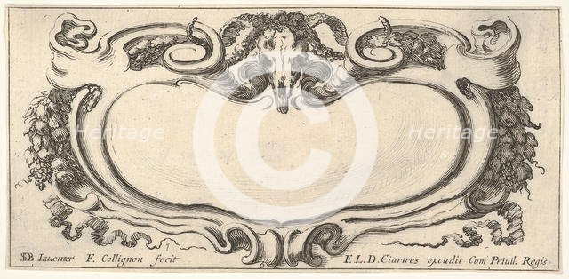 Plate 6: a cartouche with a ram skull at top center, grapes and other fruits to eit..., ca. 1640-45. Creator: Francois Collignon.
