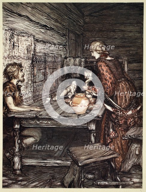 'Hunding discovers the likeness between Siegmund and Sieglunde', 1910.  Artist: Arthur Rackham