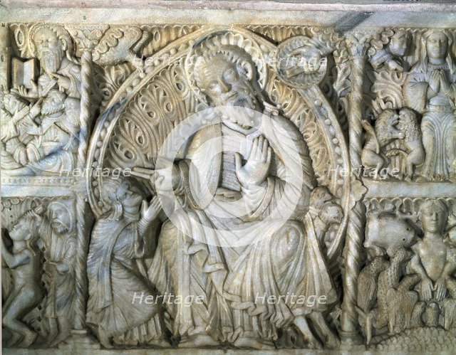 Saint Paul indoctrinating Santa Tecla. Altar front in white marble in the cathedral of Tarragona.