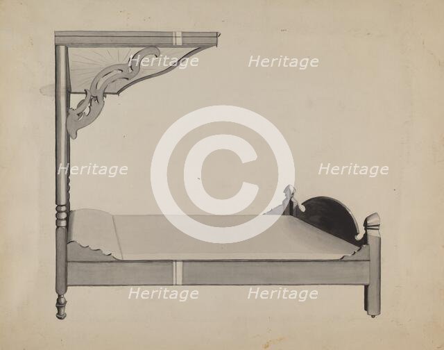 Half-canopy Carved Bed, c. 1936. Creator: Dorothy Posten.