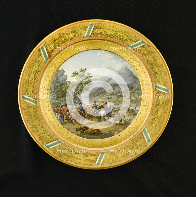 Dessert plate depicting the crossing of the Mondego, Portugal, 1810 (1810s). Artist: AJ Photographics.