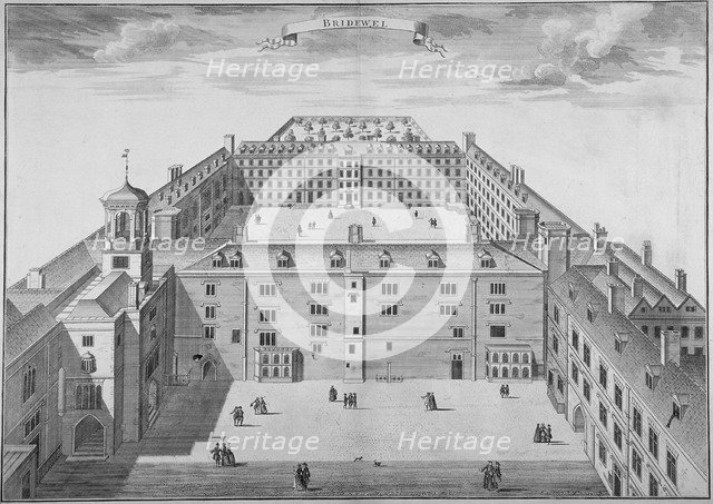 Bird's-eye view of Bridewell with figures walking in the quadrangle, City of London, 1750. Artist: Sutton Nicholls