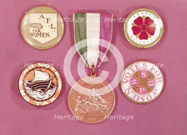 A collection of suffragette badges, 1900s. Artist: Unknown