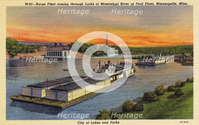 Barges on the Mississippi River at the Ford Plant, Minneapolis, Minnesota, USA, 1933. Artist: Unknown