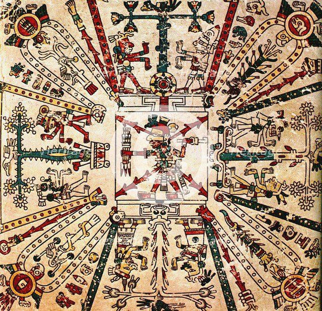 Aztec god Xiuhtecuhtli. The Codex Fejérváry-Mayer, 15th century. Artist: Pre-Columbian art  