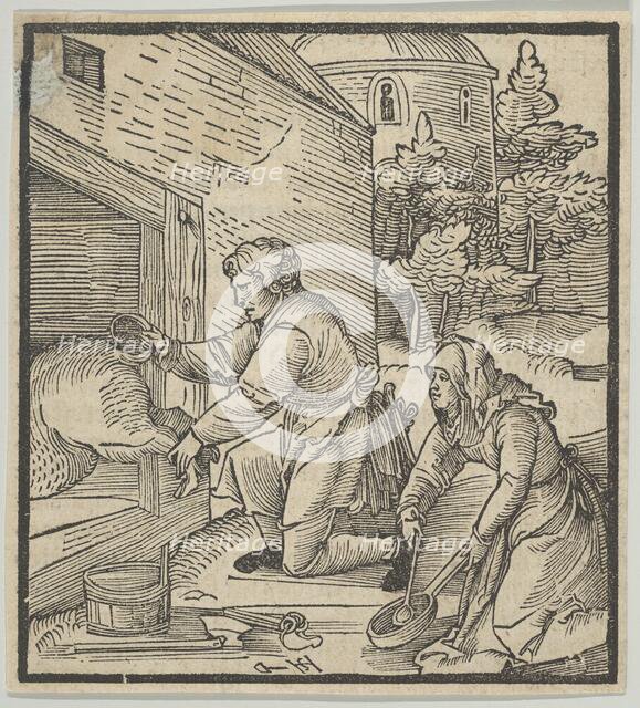 A Farmer Slaughtering a Hog, from Hymmelwagen auff dem, wer wol lebt..., 1517. Creator: Hans Schäufelein the Elder.