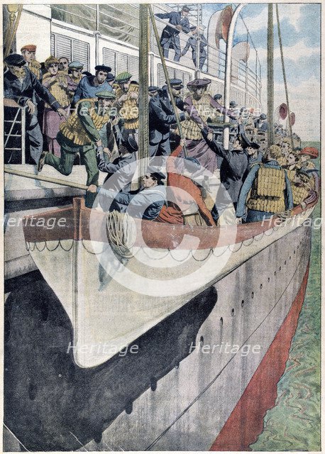 The lesson of SS Titanic: Lifeboat drill on a passenger liner, 1912. Artist: Unknown