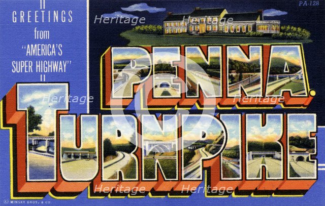 'Greetings from America's Super Highway, Pennsylvania Turnpike', postcard, 1941. Artist: Unknown